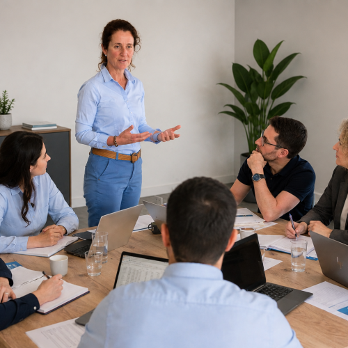 Formatrice animant une formation RGDU pour des gestionnaires de paie